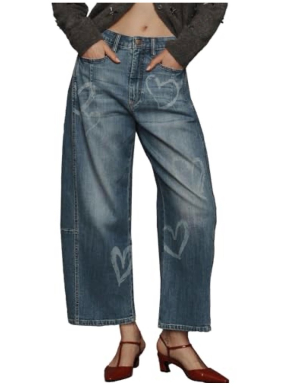 Pilcro Blue Wide-Leg Heart-Print Jeans